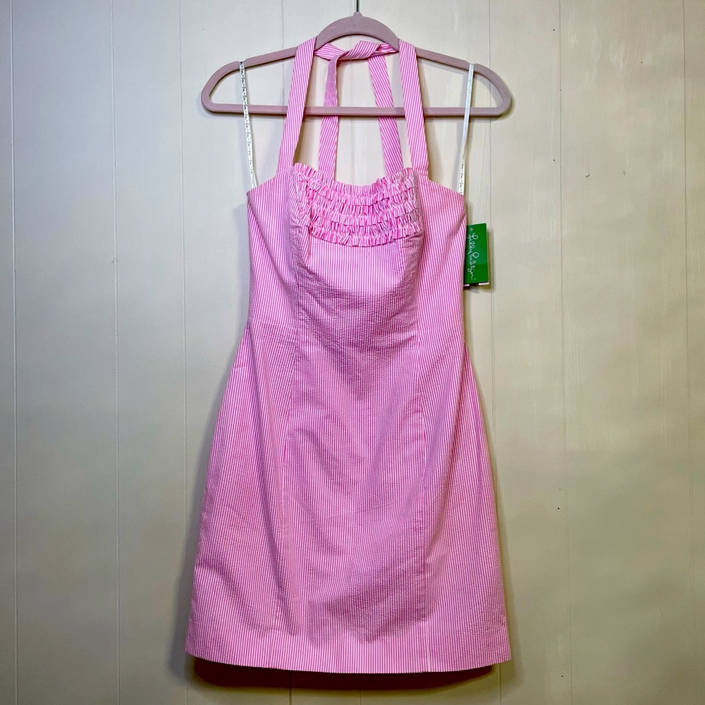 NWT! Lilly Pulitzer Pink Seersucker Ruffle Halter Dress